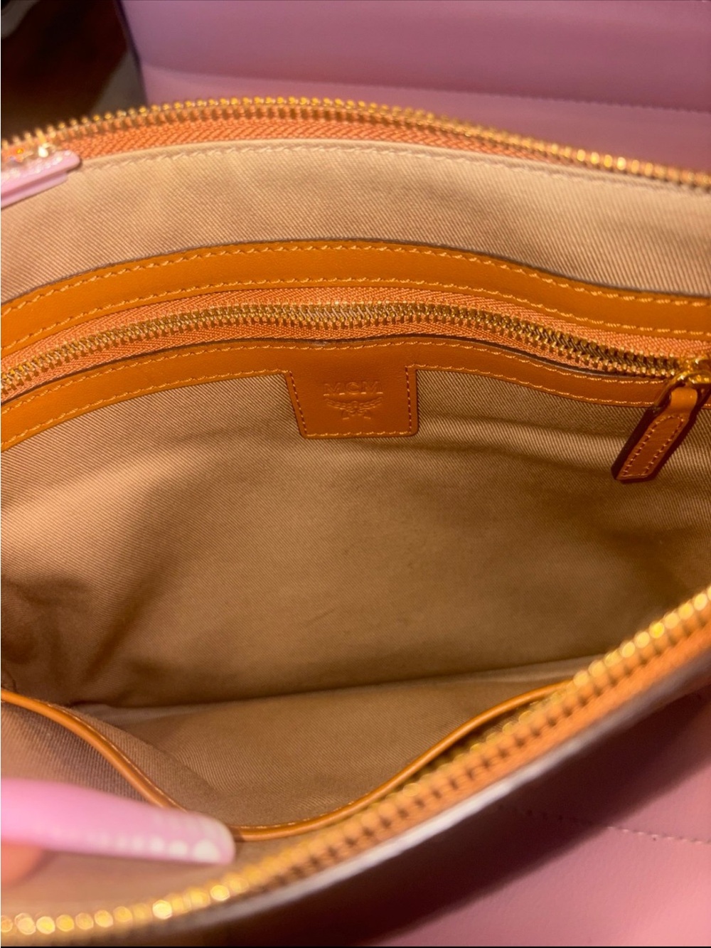 (((((Price is firm)))))MCM Cognac Logo-Print Leather Zip Pouch - Cognac Brown - Picture 3 of 4